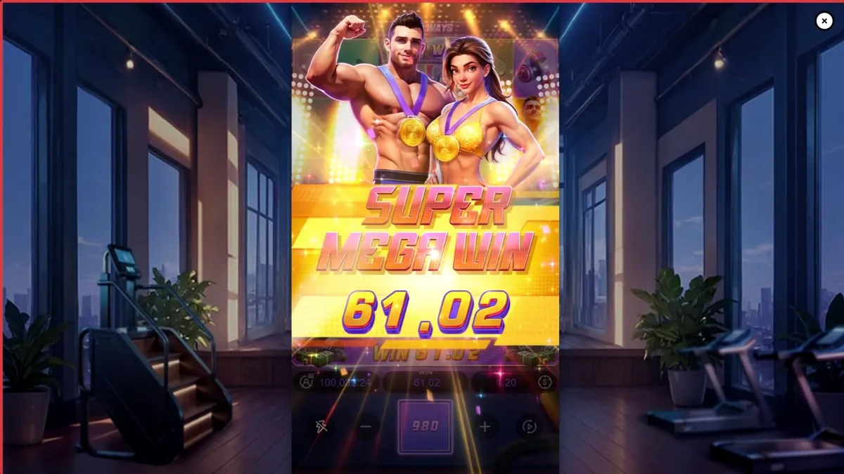 Tampilan visual slot Mighty Mania dengan tema gym dan kebugaran