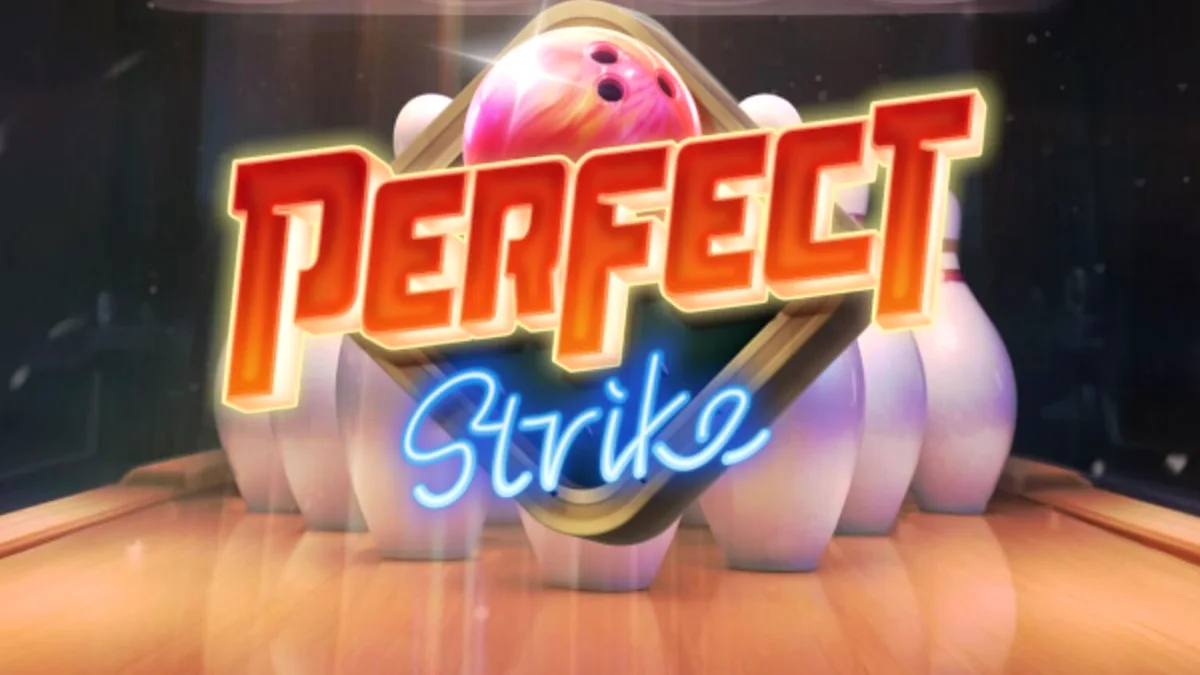 Tampilan visual slot Perfect Strike dengan tema neon bowling dan simbol trofi.